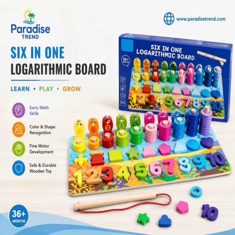 6 in 1 Logarithmic Board- Activity Toys- Color, Count, Fishing, Shape, Number and Basic Math image 2
