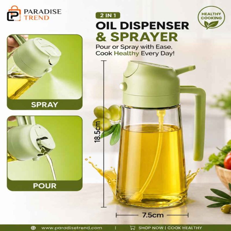 2 in 1 Oil Dispenser & Sprayer Bottle – Premium Glass Oil Spray Bottle for Healthy Cooking