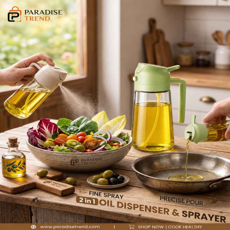 2 in 1 Oil Dispenser & Sprayer Bottle – Premium Glass Oil Spray Bottle for Healthy Cooking image 2